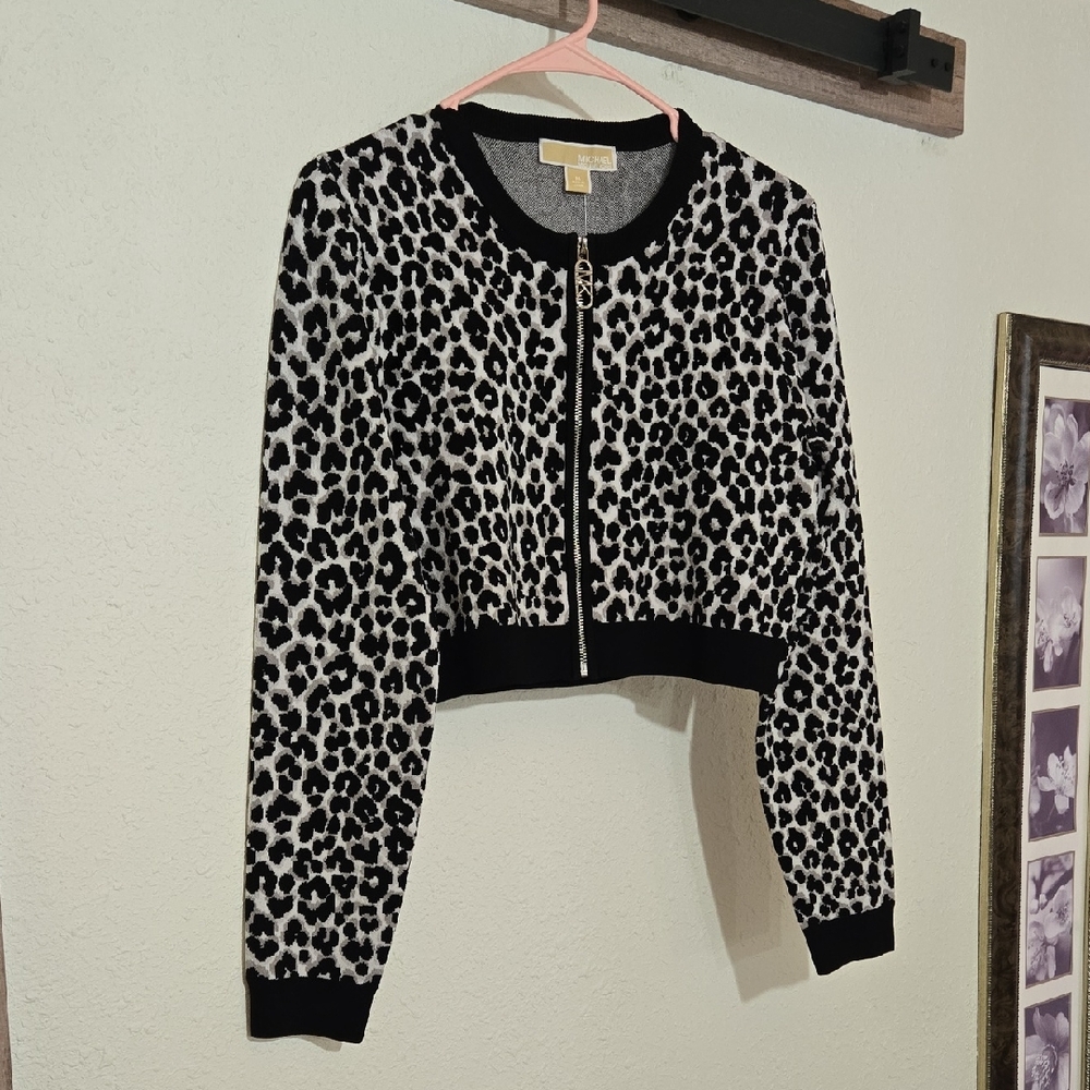 NWT Michael Kors Black and White Animal Print Cardigan